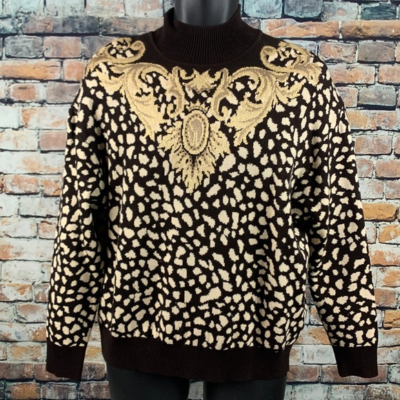 St. John collection black with gold mock turtleneck sweater size Medium